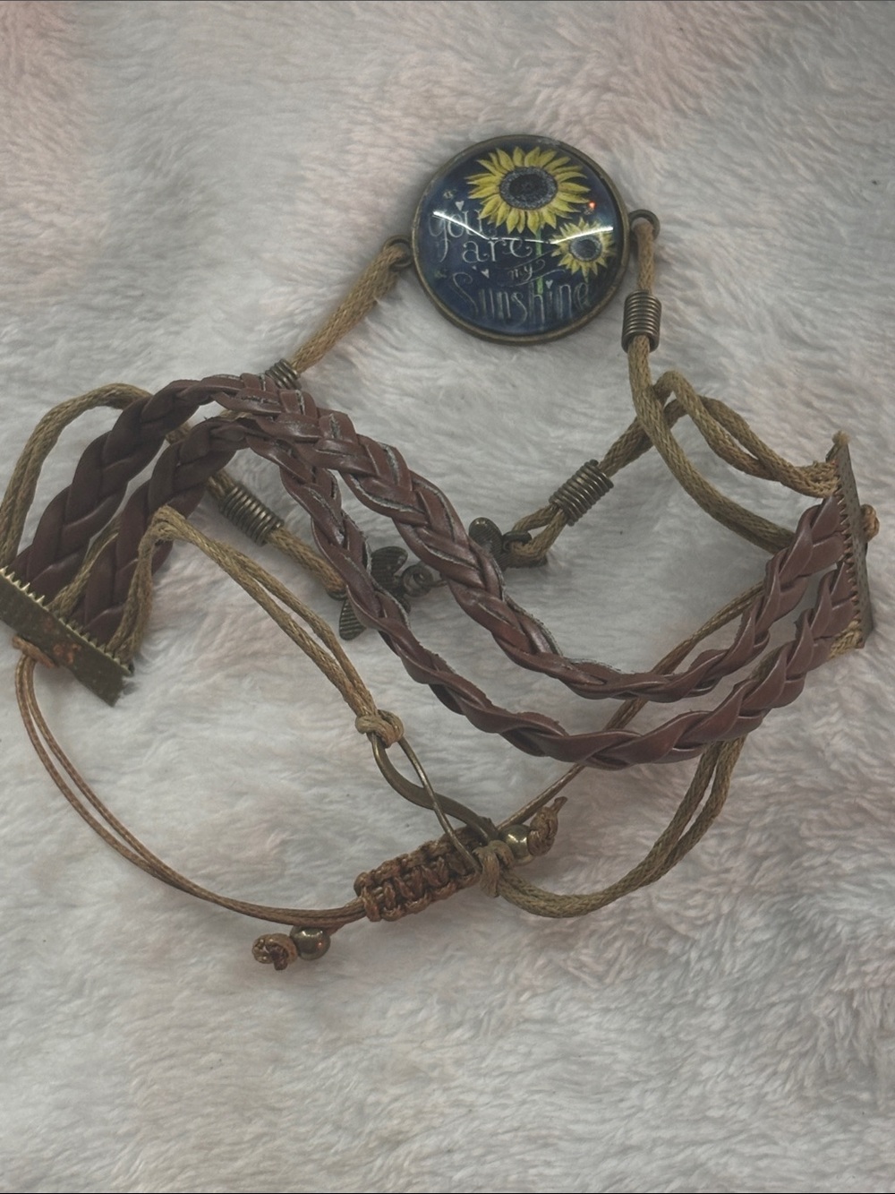 Vintage-Style Brown Braided Leather Multi-Strand Bracelet with Sunflower Charm